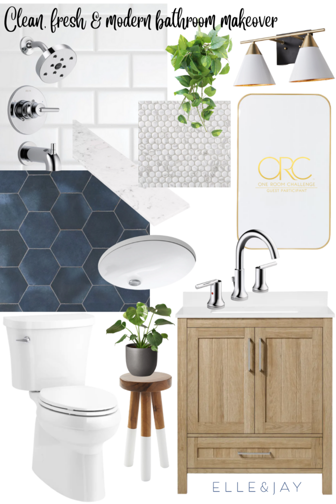 hall bath mood board with white tile, blue accent tile and wood vanity